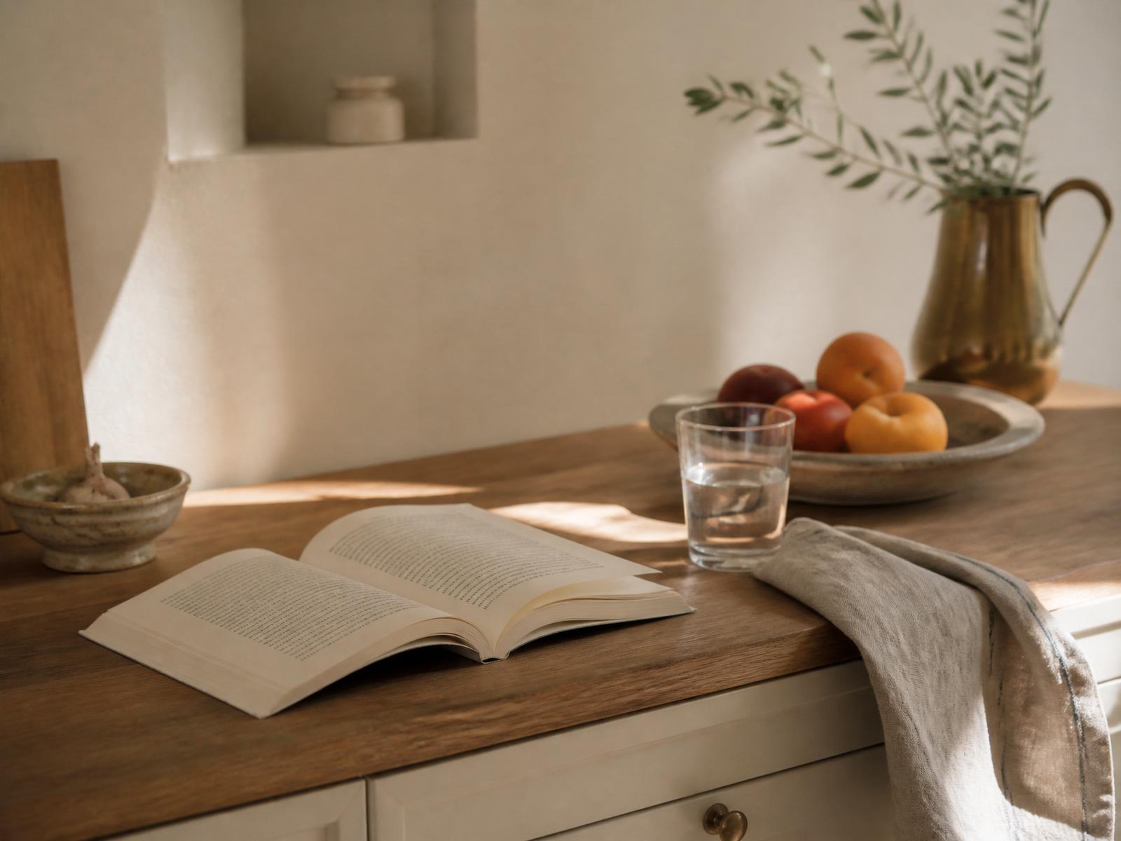 A quiet kitchen counter in warm morning light with an open book and a bowl of fruit