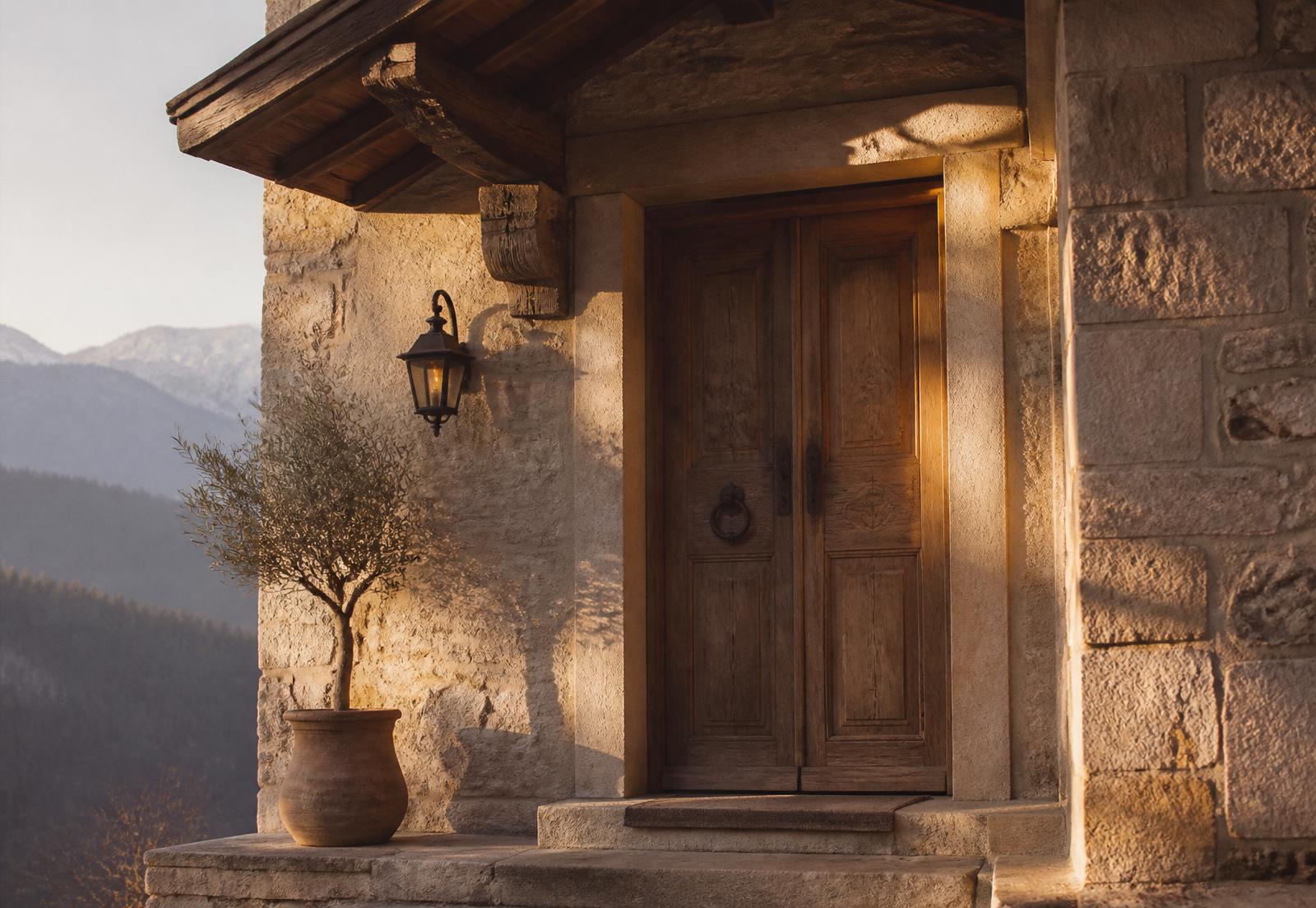 A stone entryway of a Swiss chalet-style home in warm afternoon light